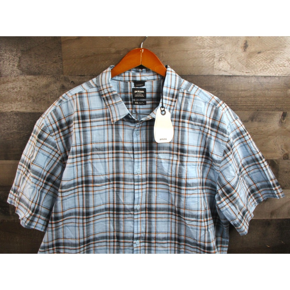 prAna Groveland Shirt Mens 2XL Blue Plaid Short Sleeve Button Down Outdoor NEW